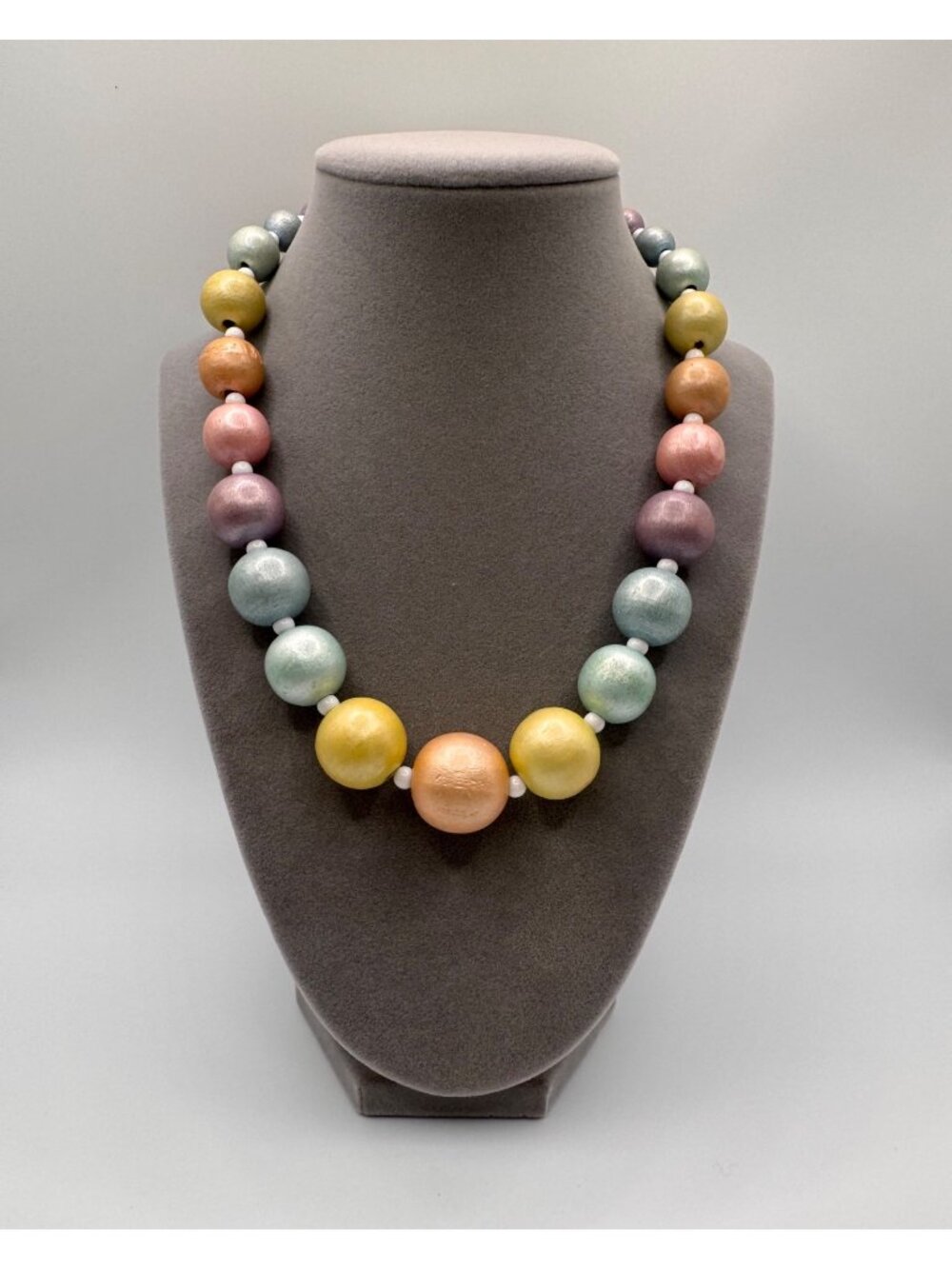 Pastel Wood Bead Necklace Graduated Statement Pink Blue Yellow Green 17”
